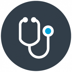 symptom management icon -- gray background, white stethescope