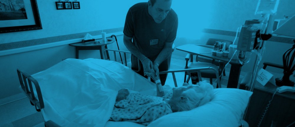 Photo of a male doctor taking the hand of an elderly woman in a hospital bed