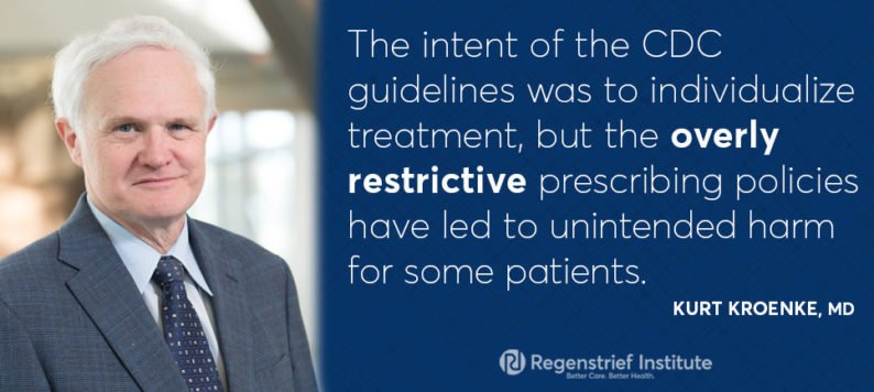 Photo of Dr. Kurt Kroenke with a quote from the article on opioid guidelines