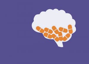 illustration of brain half filled with pills