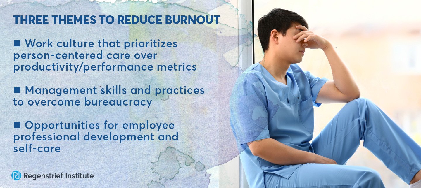 Three areas of focus for reducing burnout: prioritize person-centered care; overcome bureaucracy; opportunities for professional development and self care