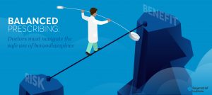 doctor walking tightrope between risk and benefit in prescribing