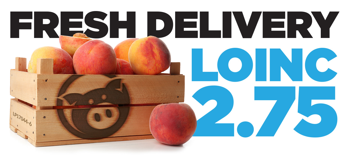 crate of peaches with the words "Fresh Delivery LOINC 2.75"