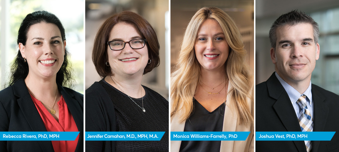 Regenstrief Health Disparities and Equity Research Pilot Grant awardees for 2024: Rebecca Rivera, PhD, MPH, Jennifer Carnahan, MD, MPH, MA, Monical Williams-Farrelly, PhD and Joshua Vest, PhD, MPH