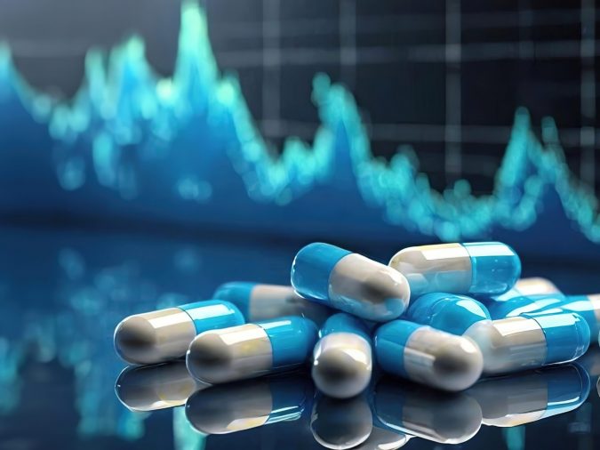 Capsules on a reflective surface with digital graphs in the background. Healthcare and technology merge in a modern depiction of medicine. Volatility of medical companies on the stock market..