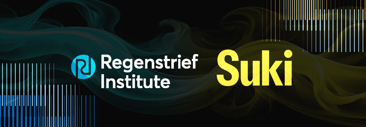 Regenstrief and Suki logos with stylized ambient color waves